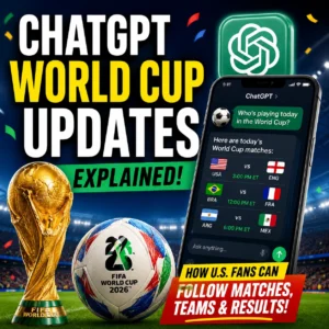 ChatGPT World Cup updates thumbnail showing a stadium, soccer ball, match schedule on a phone, trophy graphic, and bold text for U.S. fans following matches, teams, and results.