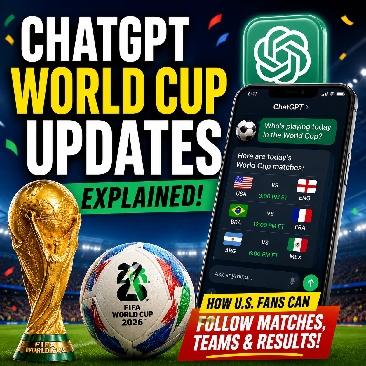 ChatGPT World Cup updates thumbnail showing a stadium, soccer ball, match schedule on a phone, trophy graphic, and bold text for U.S. fans following matches, teams, and results.
