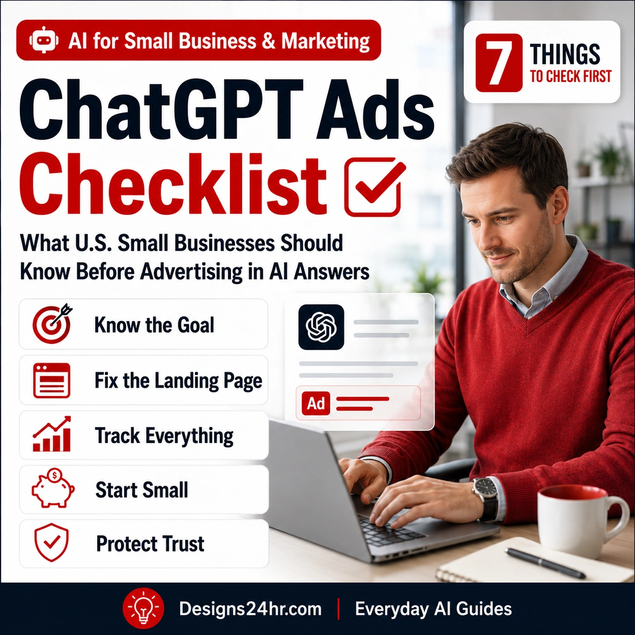 English male small business owner using a laptop with a ChatGPT ads checklist for U.S. small businesses before advertising in AI answers.