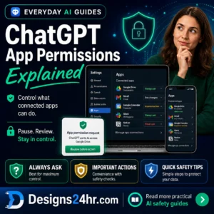 ChatGPT app permissions thumbnail showing connected app settings, permission levels, a review-before-action card, and privacy safety guidance for everyday users.
