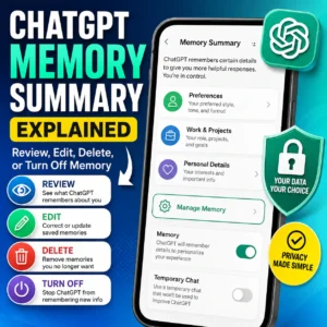 ChatGPT Memory Summary Explained thumbnail showing memory controls for reviewing, editing, deleting, turning off memory, and using Temporary Chat for privacy.