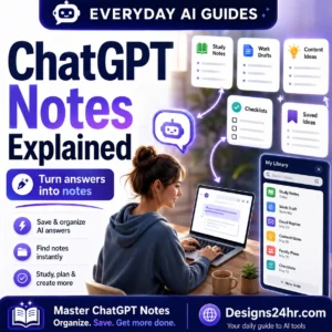 ChatGPT Notes Explained thumbnail showing AI answers turning into organized study notes, work drafts, checklists, and saved ideas inside a Library panel.