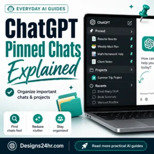 ChatGPT pinned chats thumbnail showing a sidebar with pinned conversations, projects, recents, and organization tips for finding important chats faster.