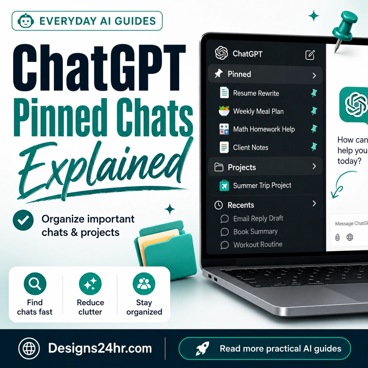 ChatGPT pinned chats thumbnail showing a sidebar with pinned conversations, projects, recents, and organization tips for finding important chats faster.