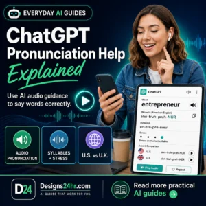 ChatGPT pronunciation help thumbnail showing a learner using AI audio guidance, phonetic pronunciation, syllables, word stress, and U.S. vs U.K. accent comparison.