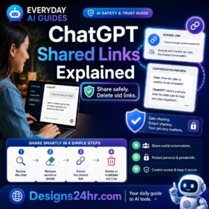 ChatGPT Shared Links Explained thumbnail showing a shared AI conversation link, privacy shield, safety checklist, and steps to review, share, and delete old links.