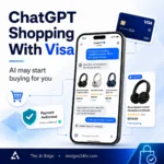 ChatGPT shopping with Visa thumbnail showing an AI shopping assistant, product cards, payment approval, and secure checkout visuals