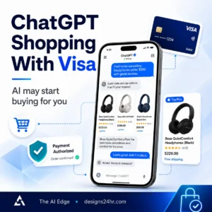 ChatGPT shopping with Visa thumbnail showing an AI shopping assistant, product cards, payment approval, and secure checkout visuals