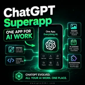 ChatGPT Superapp thumbnail showing a central AI app hub connected to writing, coding, images, planning, and integrations with the headline One App for AI Work.