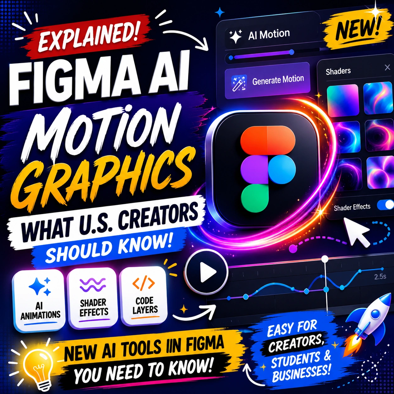 Figma AI motion graphics explained thumbnail showing AI animations, shader effects, code layers, and timeline controls for U.S. creators.