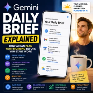 Gemini Daily Brief thumbnail showing an AI-powered morning briefing with Gmail updates, Calendar overview, smart priorities, and next steps