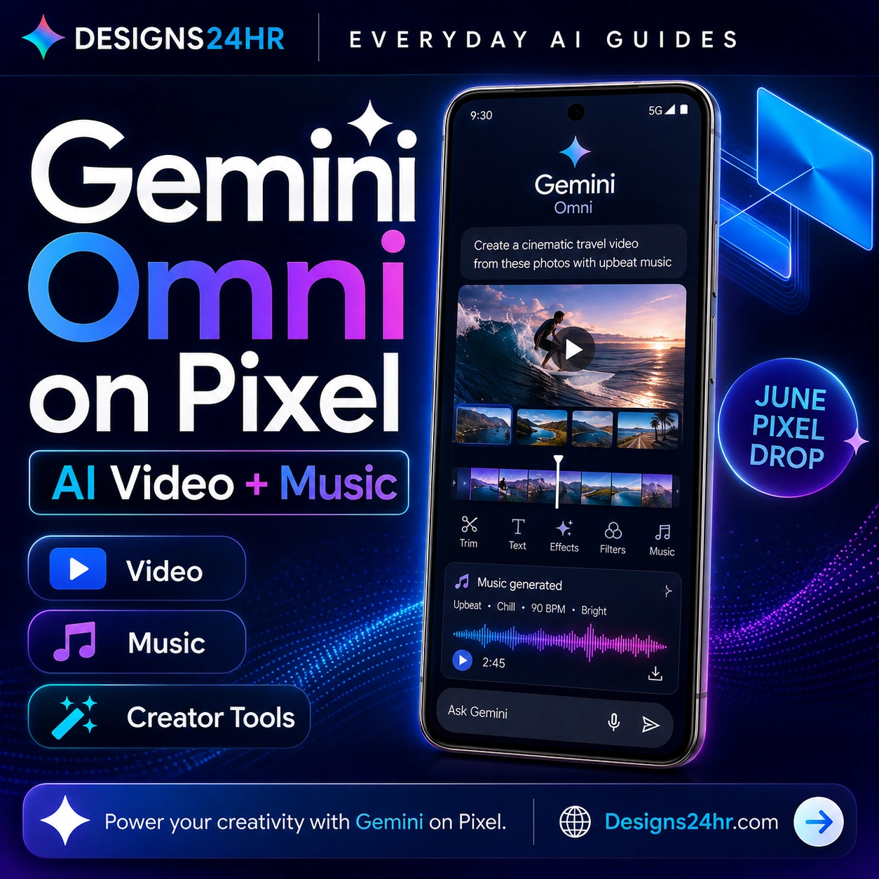 Gemini Omni on Pixel Explained thumbnail showing a Pixel phone using AI video editing, music generation, creator tools, and June Pixel Drop features.