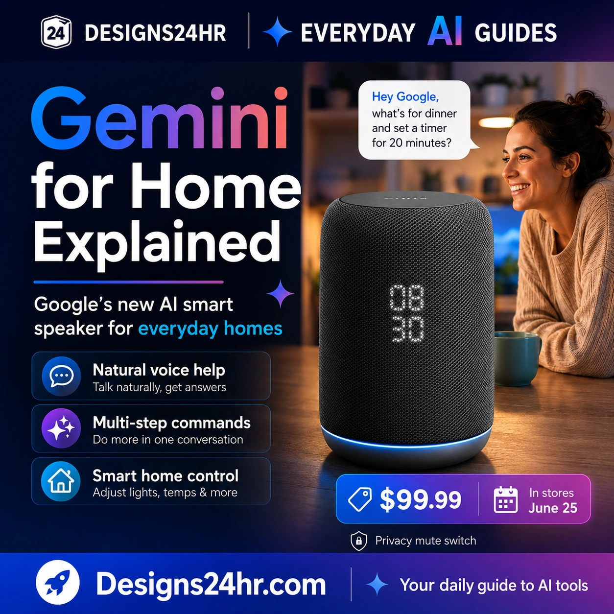 Gemini for Home Explained thumbnail showing Google’s new AI smart speaker helping with natural voice commands, smart home control, routines, and everyday home tasks.