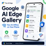 Google AI Edge Gallery thumbnail showing a phone running offline on-device AI with privacy, chip, and no internet icons