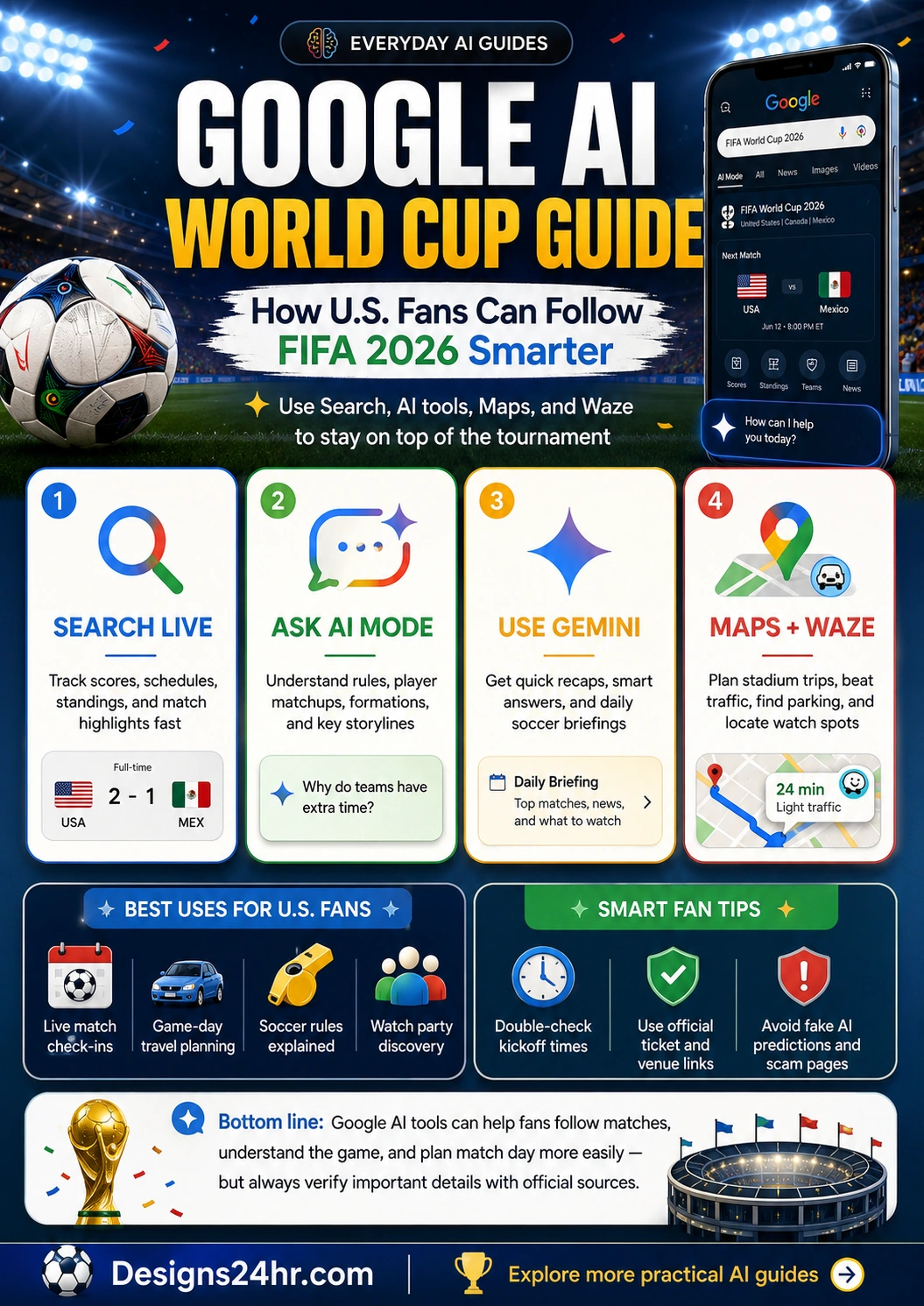Infographic explaining how U.S. fans can use Google AI, Search, AI Mode, Gemini, Maps, and Waze to follow FIFA World Cup 2026 scores, standings, match schedules, traffic, watch spots, and smart fan updates.