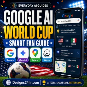 Google AI World Cup Guide thumbnail showing a smartphone with FIFA World Cup 2026 search results, Gemini insights, Maps, Waze, live scores, and a soccer ball for U.S. fans.