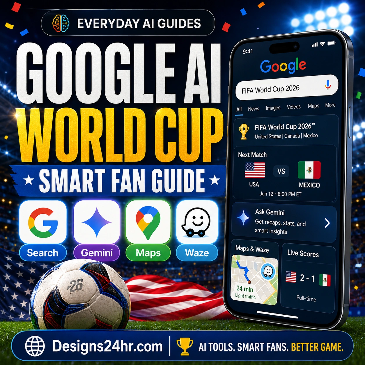Google AI World Cup Guide thumbnail showing a smartphone with FIFA World Cup 2026 search results, Gemini insights, Maps, Waze, live scores, and a soccer ball for U.S. fans.