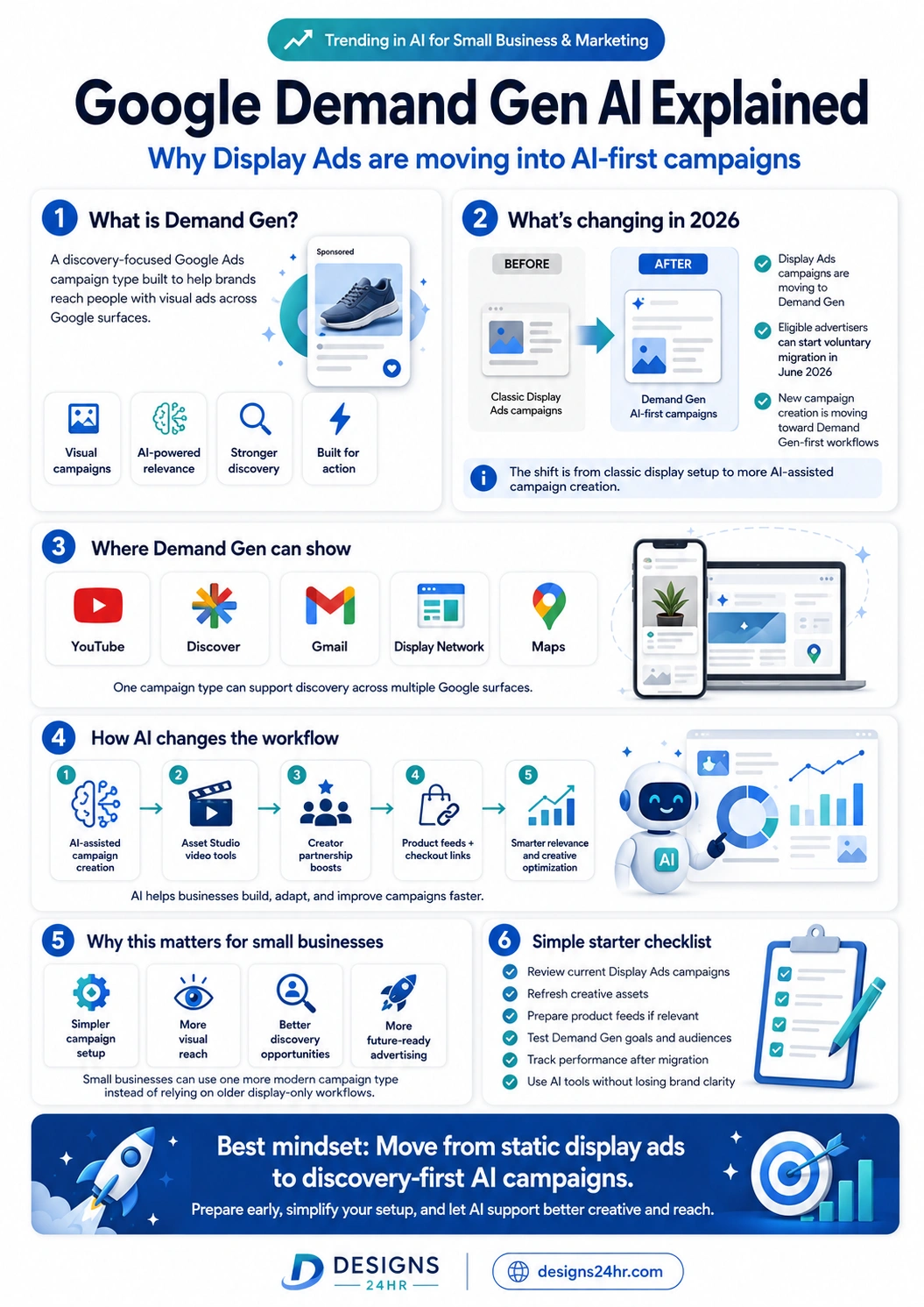 Infographic explaining Google Demand Gen AI, including what Demand Gen is, why Display Ads are moving, where campaigns can show, how AI changes ad workflows, and what small businesses should prepare.