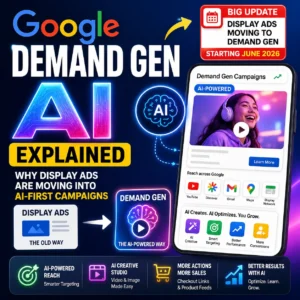Google Demand Gen AI thumbnail showing Display Ads moving into AI-first Demand Gen campaigns across YouTube, Discover, Gmail, Maps, and the Display Network.