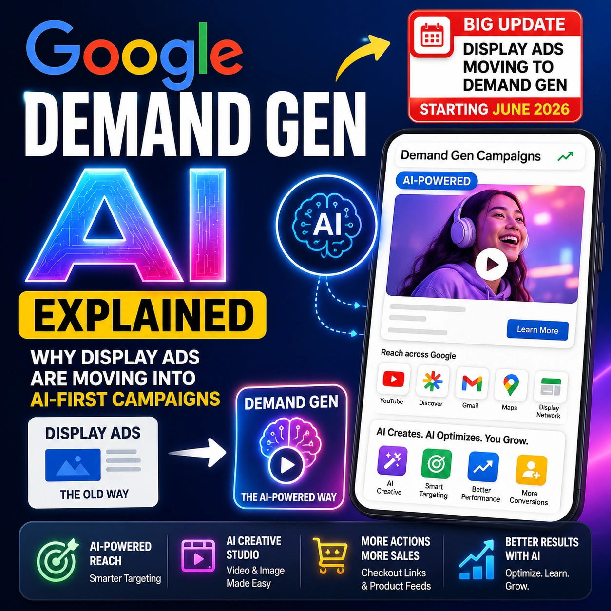 Google Demand Gen AI thumbnail showing Display Ads moving into AI-first Demand Gen campaigns across YouTube, Discover, Gmail, Maps, and the Display Network.