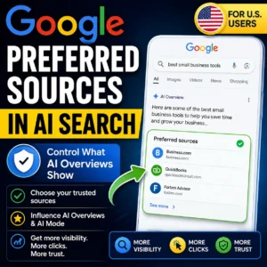 Google Preferred Sources in AI Search thumbnail showing U.S. users choosing trusted websites inside AI Overviews and AI Mode