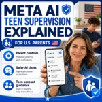 Meta AI teen supervision thumbnail for U.S. parents showing parent controls, safer AI chats, teen account guidance, and supervision settings on a phone