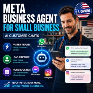 Meta Business Agent for small business thumbnail for U.S. owners showing AI customer chats across WhatsApp, Messenger, and Instagram helping businesses reply faster and capture leads