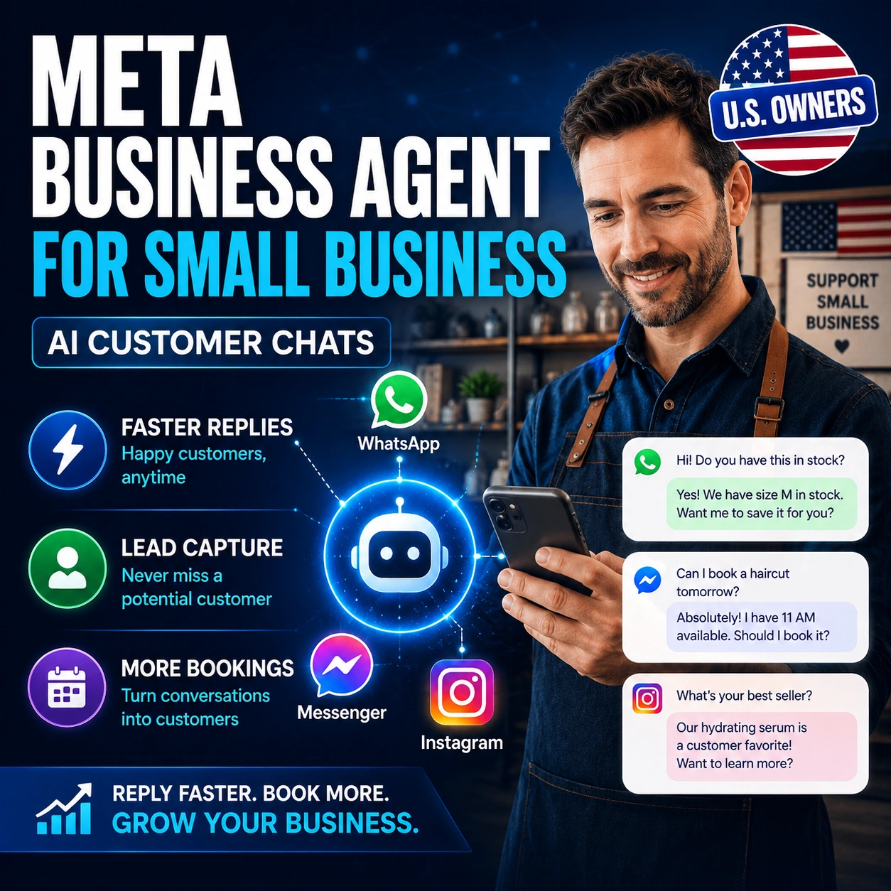 Meta Business Agent for small business thumbnail for U.S. owners showing AI customer chats across WhatsApp, Messenger, and Instagram helping businesses reply faster and capture leads