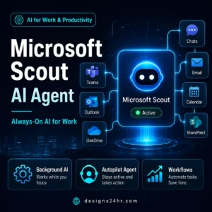 Microsoft Scout AI Agent thumbnail showing an always-on AI work assistant connected to Teams, Outlook, OneDrive, chats, email, calendar, and workflows.