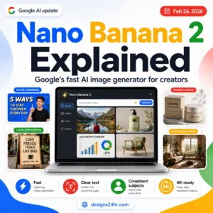 Nano Banana 2 explained thumbnail showing Google’s AI image generator creating social thumbnails, product mockups, localized posters, photoreal images, and 4K-ready visuals
