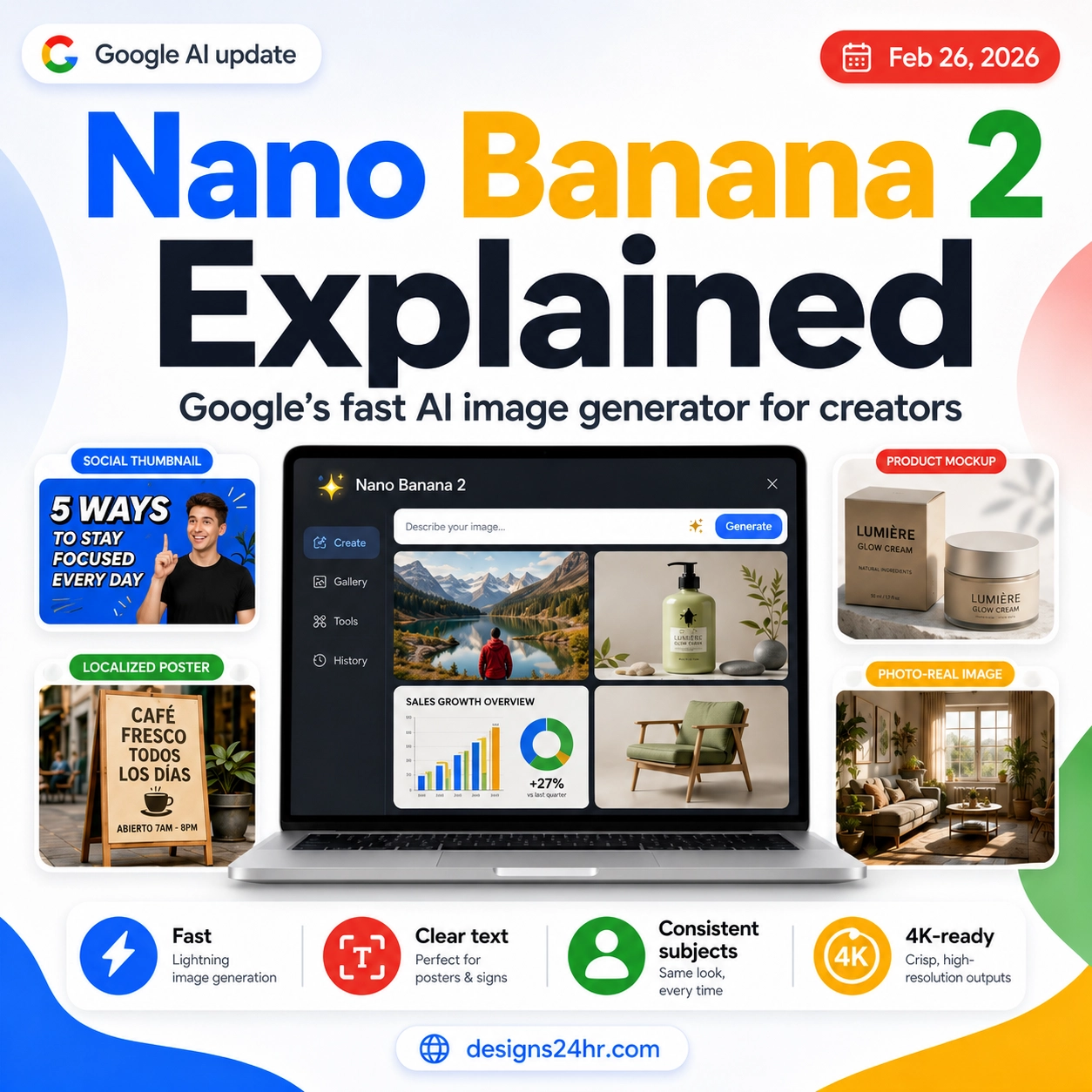 Nano Banana 2 explained thumbnail showing Google’s AI image generator creating social thumbnails, product mockups, localized posters, photoreal images, and 4K-ready visuals