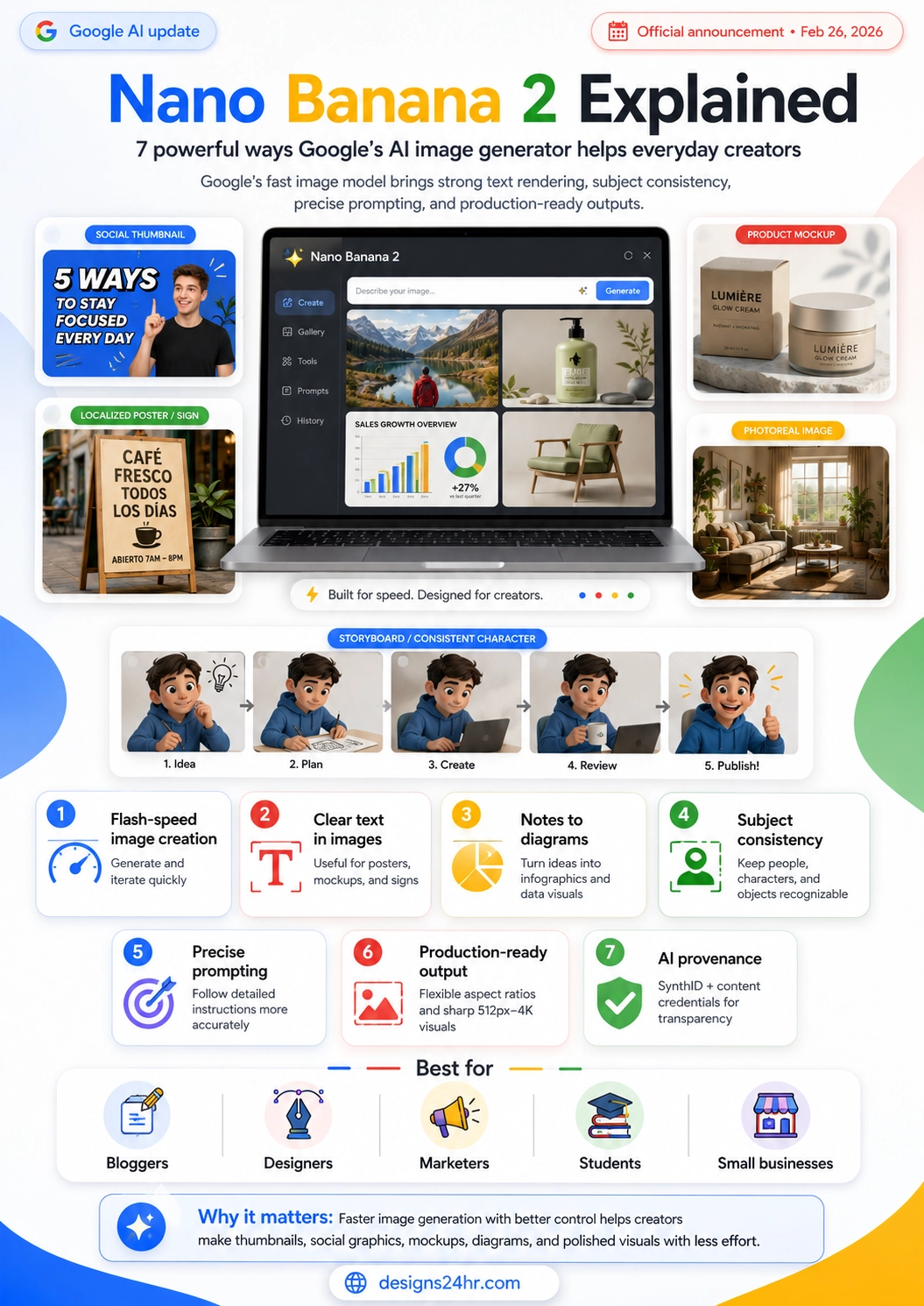 Nano Banana 2 explained infographic showing 7 powerful Google AI image generator features including fast image creation, clear text in images, notes to diagrams, subject consistency, precise prompting, production-ready output, and AI provenance