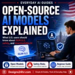 Open-Source AI Models explained for U.S. users with GLM-5.2 model box, download icon, safety shield, code window, and beginner guide labels