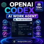 Square thumbnail for an OpenAI Codex explained article showing Codex as an AI work agent for analytics, marketing, design, sales, research, and automation, with Designs24hr branding.