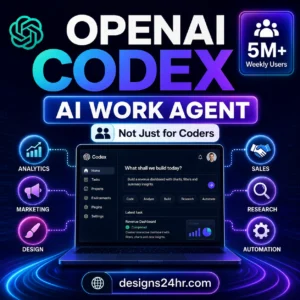 Square thumbnail for an OpenAI Codex explained article showing Codex as an AI work agent for analytics, marketing, design, sales, research, and automation, with Designs24hr branding.