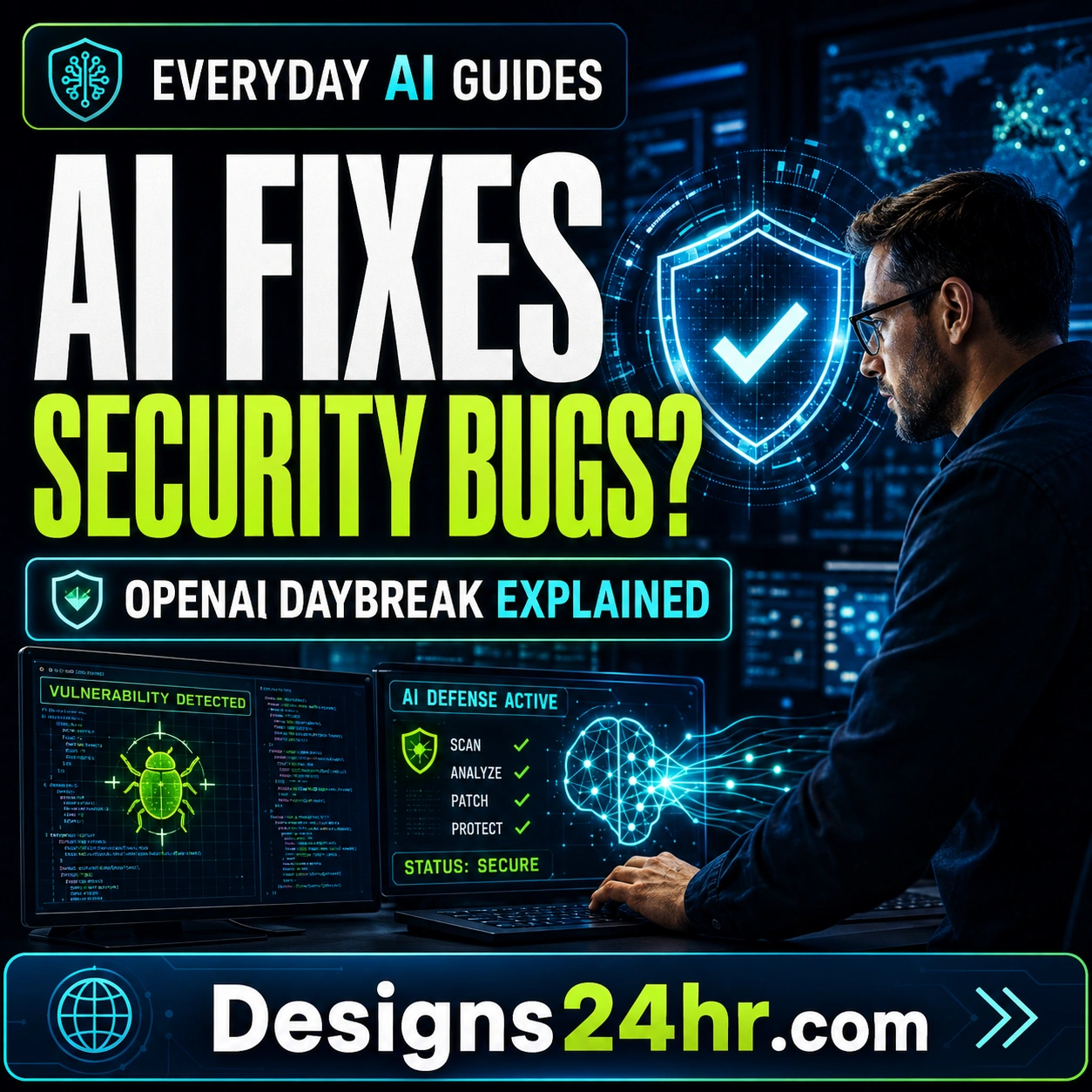 OpenAI Daybreak explained with AI shield, cybersecurity analyst, software bug detection, and security patch automation