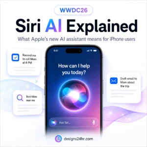 Siri AI explained thumbnail showing an iPhone with a glowing AI assistant interface and floating task cards for Apple users