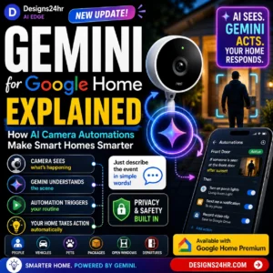 Square thumbnail titled “Gemini for Google Home Explained,” showing a smart home camera watching a front door at night, Gemini AI automation graphics, a phone automation screen, and bold callouts for camera sees, Gemini understands, automation triggers, and your home responds, with a designs24hr.com CTA.