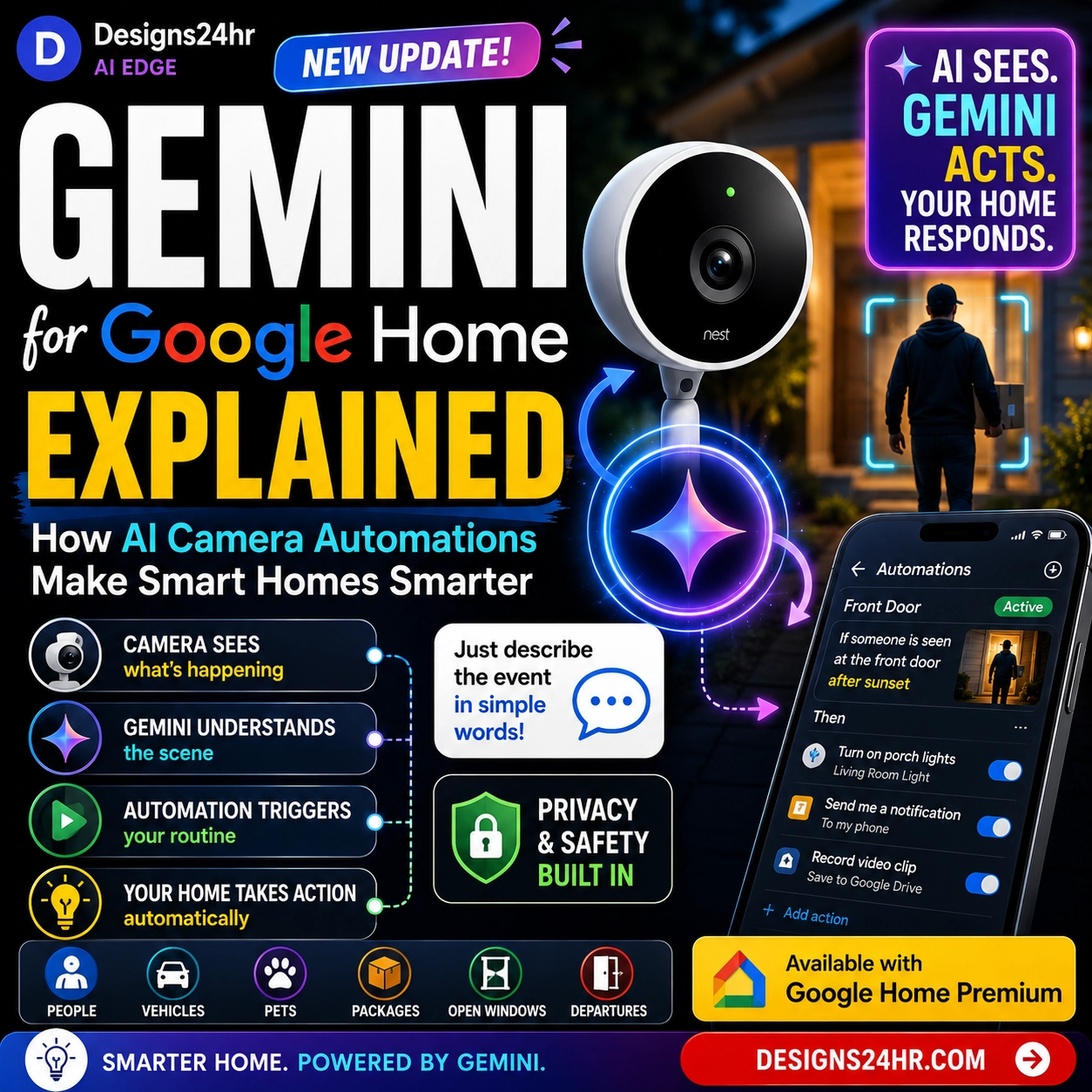 Square thumbnail for a Google Home camera automation guide showing Gemini AI connecting Nest camera events to smart home routines with Designs24hr branding.