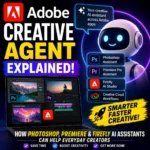 Adobe Creative Agent explained infographic showing Photoshop Premiere Firefly and Creative Cloud AI assistants for everyday creators.