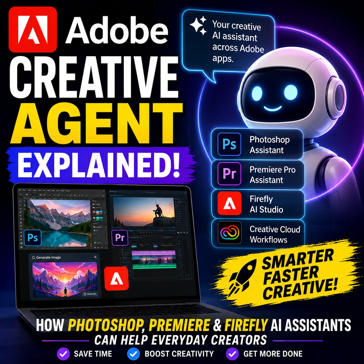 Adobe Creative Agent explained infographic showing Photoshop Premiere Firefly and Creative Cloud AI assistants for everyday creators.