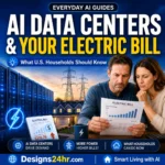 AI data centers and your electric bill thumbnail showing U.S. household reviewing utility bill near data center and power grid.