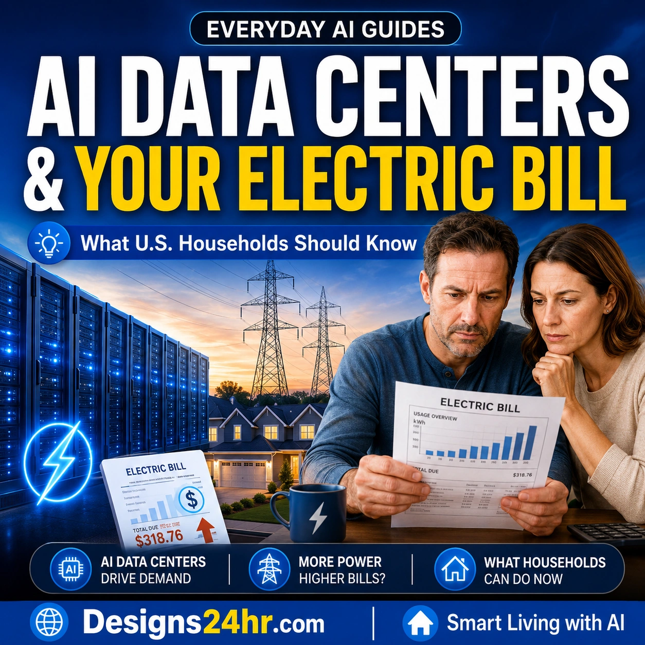 AI data centers and your electric bill thumbnail showing U.S. household reviewing utility bill near data center and power grid.