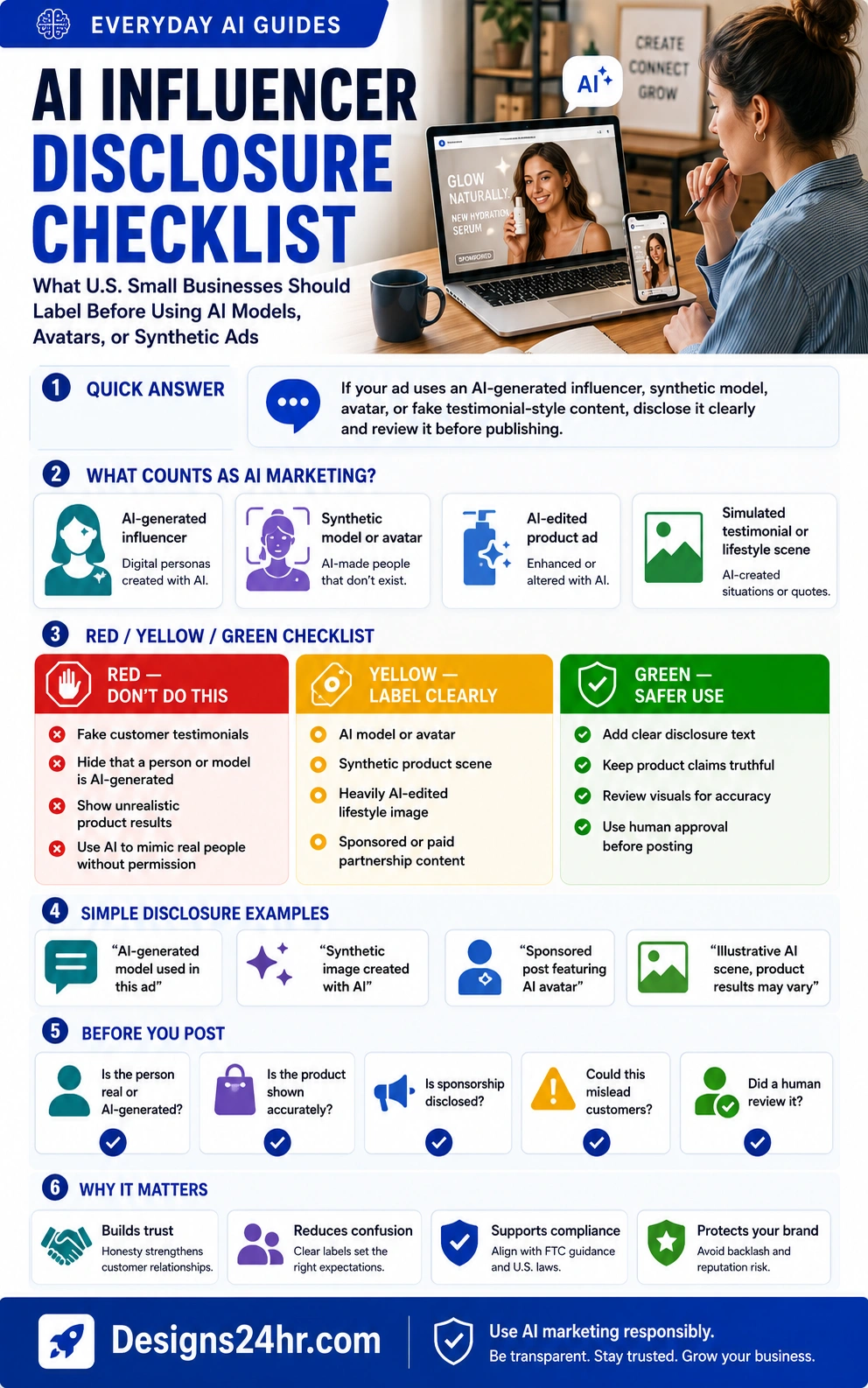 AI influencer disclosure infographic showing what small businesses should label before posting AI avatars synthetic ads and AI-generated product visuals.