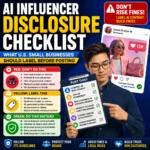 AI influencer disclosure checklist thumbnail showing a small business owner reviewing AI avatar marketing before posting.