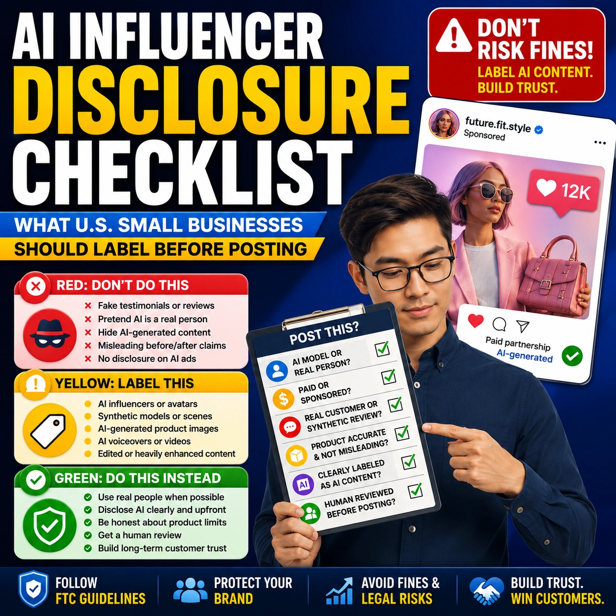 AI influencer disclosure checklist thumbnail showing a small business owner reviewing AI avatar marketing before posting.