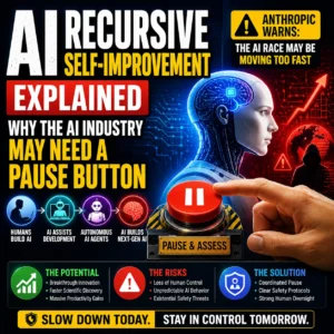 1:1 thumbnail showing AI recursive self-improvement explained with a futuristic AI system, self-improving robot timeline, red pause button, warning indicators, and human oversight theme.