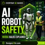 NVIDIA Halos for Robotics explained with humanoid robot, warehouse worker, and AI robot safety shield