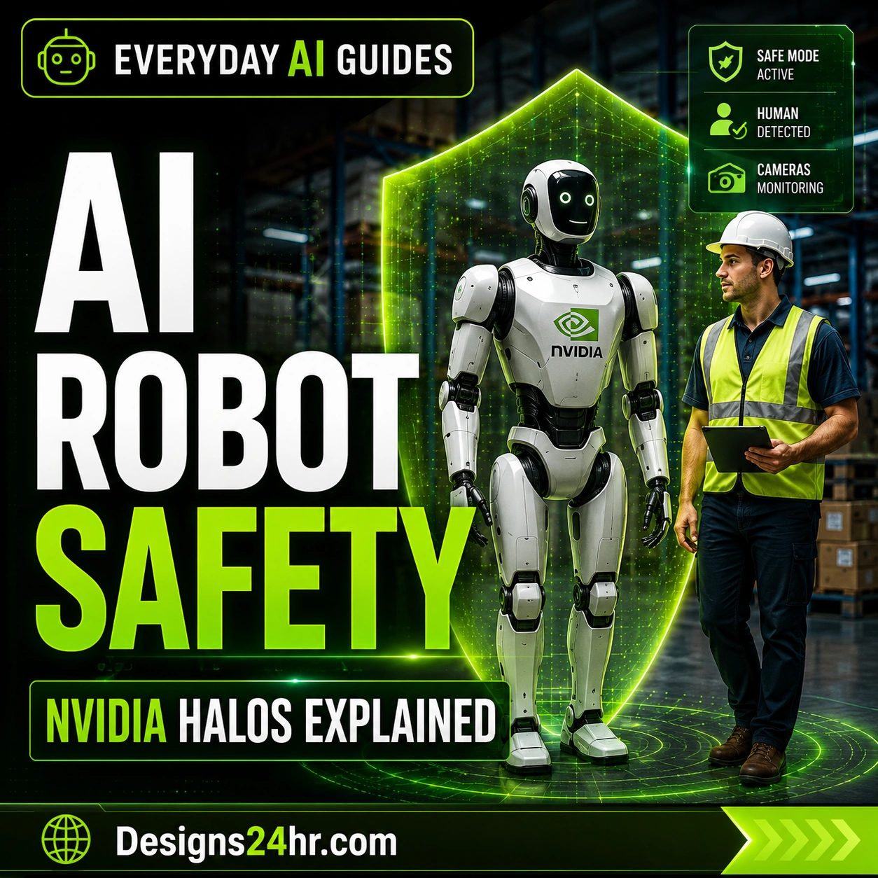 NVIDIA Halos for Robotics explained with humanoid robot, warehouse worker, and AI robot safety shield