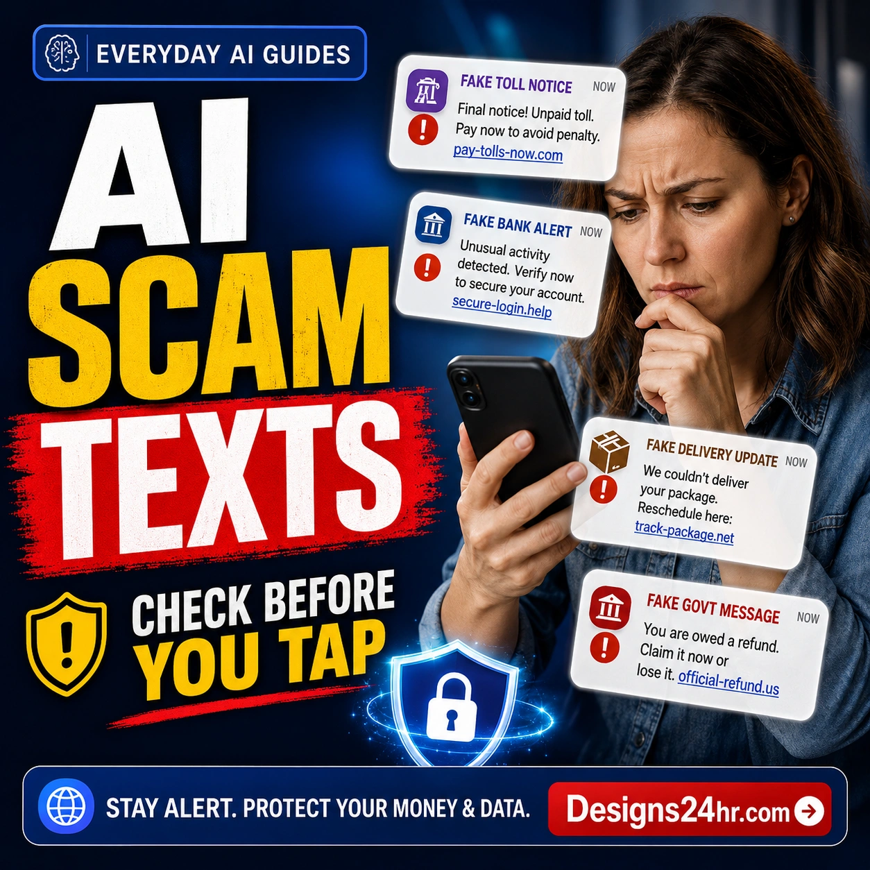 AI scam texts thumbnail showing a worried person checking fake toll bank delivery and government messages on a phone.